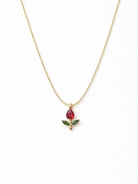Gold-Tone Rose Pendant Necklace for Women with Red Crystal, Floral Charm Chain Stainless Steel Anti Tarnish Waterproof Hypoallergenic, Gift for Her