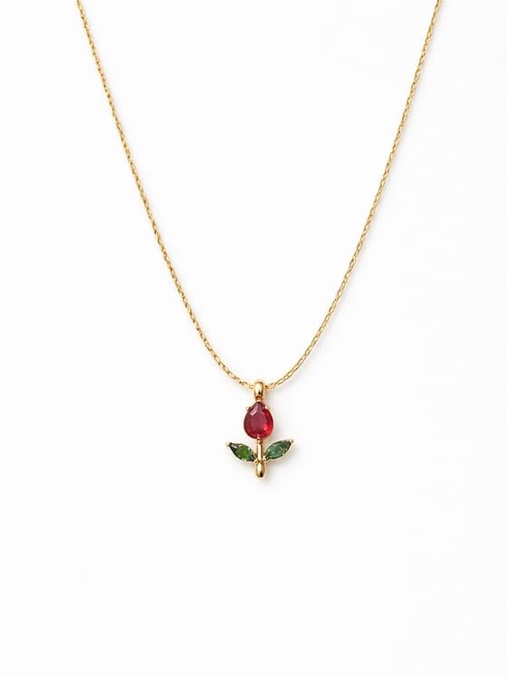 Gold-Tone Rose Pendant Necklace for Women with Red Crystal, Floral Charm Chain Stainless Steel Anti Tarnish Waterproof Hypoallergenic, Gift for Her
