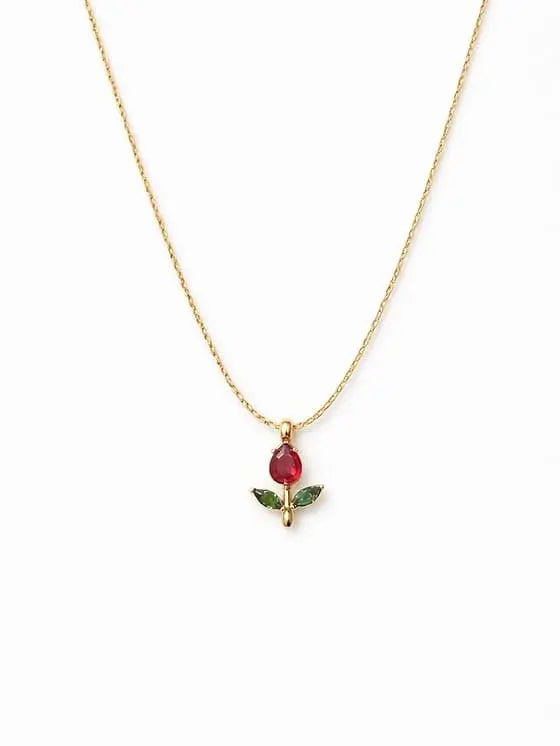 Gold-Tone Rose Pendant Necklace for Women with Red Crystal, Floral Charm Chain Stainless Steel Anti Tarnish Waterproof Hypoallergenic, Gift for Her - Jados Fashion