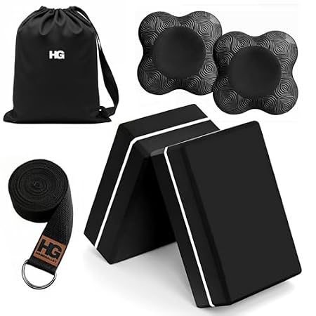 HOMEGALLEY Yoga Blocks Pack of 2 with Belt and 2 Knee Pad for Exercise, Yoga, Pilates & Gym Block Pair to Improve Strength, Balance, Stretching Yoga Bricks Set with Strap for Women and Men, Black