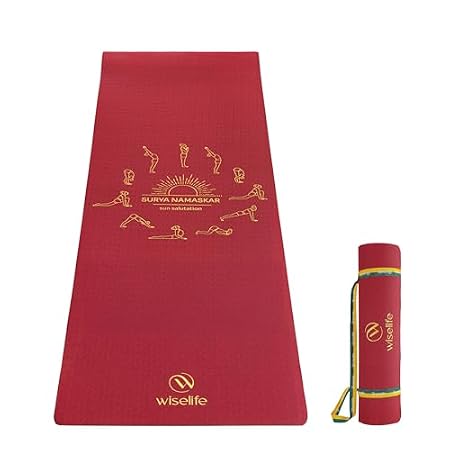 WiseLife Printed Yoga Mat (Indias no 1 Yoga Brand) Strap For Men, Women, Kids | Anti-Slip Extra thick, long & Wide Exercise Sports Mat for Workout, Fitness, Yoga, Gym, Home & Pilates 6MM (Maroon Surya Namaskar)