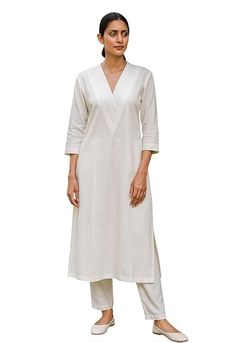 n.H.K.a. Women’s Off-White Cotton Kurta Set | V-Neck 3/4 Sleeve Straight Kurti with Matching Solid Pants | Lightweight Soft Breathable Wear for College, Office | Semi-Formal Occasions (XL)