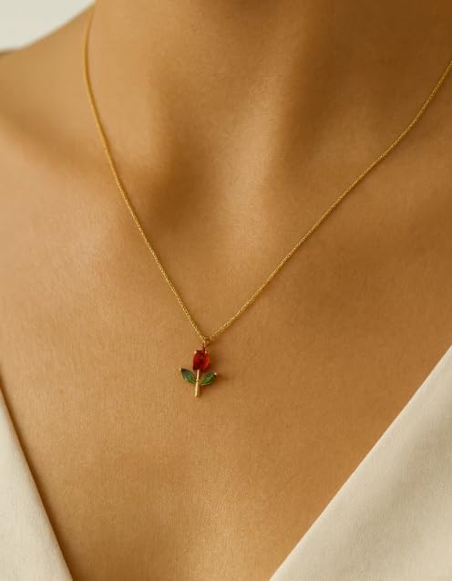 Gold-Tone Rose Pendant Necklace for Women with Red Crystal, Floral Charm Chain Stainless Steel Anti Tarnish Waterproof Hypoallergenic, Gift for Her
