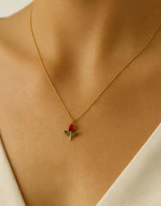Gold-Tone Rose Pendant Necklace for Women with Red Crystal, Floral Charm Chain Stainless Steel Anti Tarnish Waterproof Hypoallergenic, Gift for Her - Jados Fashion