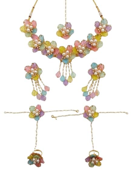 Koogly Floral Bridal Jewelry Set for Women | Yellow Flower Necklace Set with Earrings, Maang Tikka, Hathphool & Hand Accessories | Wedding, Mehndi & Haldi Jewellery(PACK OF 1)