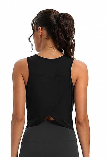 KIKWIT Workout Tops for Women Cropped Open Back Sleeveless Tank Tops Athletic Gym Yoga Shirts Loose Fit (in, Alpha, S, Regular, Black)