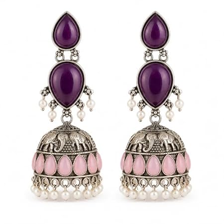 Oxidised Jhumka Earrings for Women, Purple & Pink Stone Traditional Jhumki