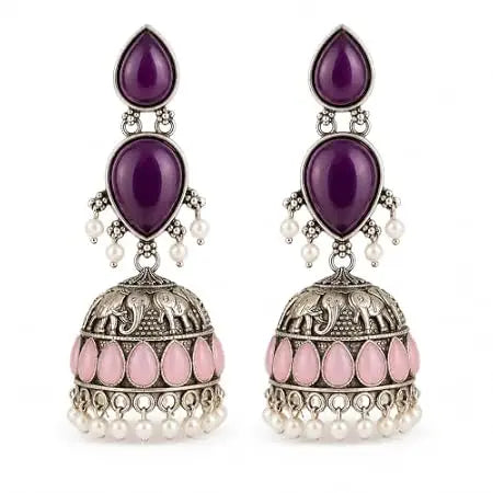 Oxidised Jhumka Earrings for Women, Purple & Pink Stone Traditional Jhumki - Jados Fashion