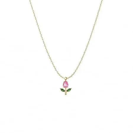 Gold-Tone Rose Pendant Necklace for Women with Pink Crystal, Floral Charm - Jados Fashion