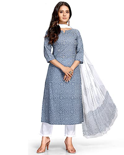 Rajnandini Women's Pure Cambric Cotton Embroidered Kurta Set with Dupatta (JOPLVL212-5XL_Grey & White_5XL)