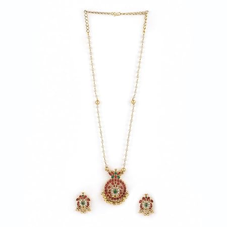 Rubans Gold-Plated Handcrafted Artificial Jewelry Set with Ruby, White Emerald Studs & Gold-White Beads with Earrings For Women and Girls – Perfect for Weddings and Special Occasions