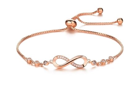 Nilu's Collection Infinity Shape Cubic Zirconia Diamond Bracelet for Women, Jewelry for Gift, Adjustable Charm Bracelet (Rose Gold)