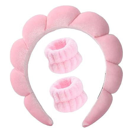 TEMPERIA Makeup Headband Wristband Set for Women & Girls | Hair Band for Facial Time | Head Bands Skincare Hairband for Spa | 3 Pieces Set | Pink