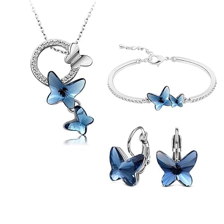 Shining Diva Valentine Gift Girlfriend Wife Italian Designer Platinum Plated Crystal Butterfly Earrings Chain Pendant Necklace Combo Jewellery Set for Women and Girls (Blue) (14603s)