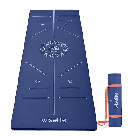 WiseLife Lotus Alignment 10mm Yoga Mat with Strap | Non-Slip Thick Exercise Mat for Yoga, Pilates, Gym & Flexibility Training (Blue)