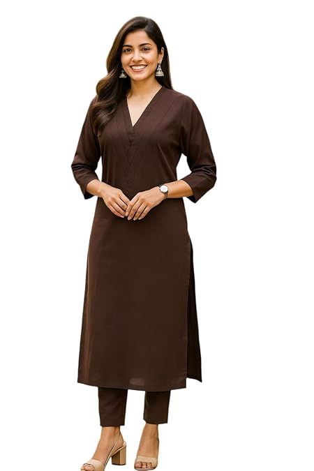 n.H.K.a. Women’s Deep Espresso Brown Cotton Kurta Set | Straight Kurti with 3/4 Sleeve & Matching Solid Pants | Comfortable & Lightweight | Office & College Outfit for All-Day Comfort (M)