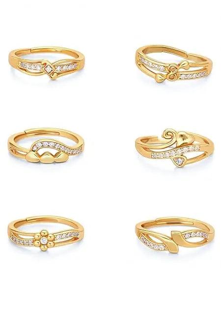 combo of 6 Gold Plated ad american diamond Adjustable free size Rings Combo - Jados Fashion