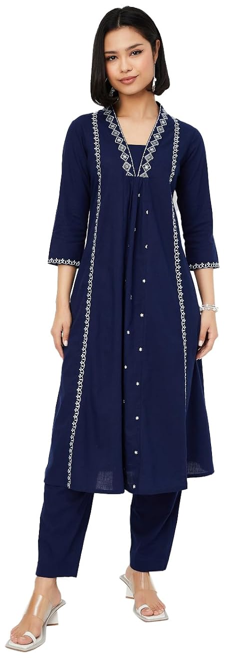Max Women Embroidered A-line Kurta Set(Blue_XXL)