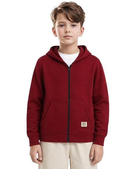 Alan Jones Clothing Boys Hooded Sweatshirt | Full Zip Closure | Full Sleeves | Kangaroo Pocket | Regular Fit | Winter Jacket for Boys | Age 5-16 Years (Cherry_10-11 Years)