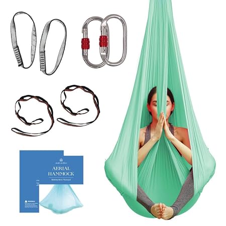 Aerial Yoga Hammock Aerial Silk Yoga Swing for Antigravity Yoga, Inversion Exercises, Improved Flexibility & Core Strength - Extension Straps, Carabiners and Pose Guide Included (Aqua)