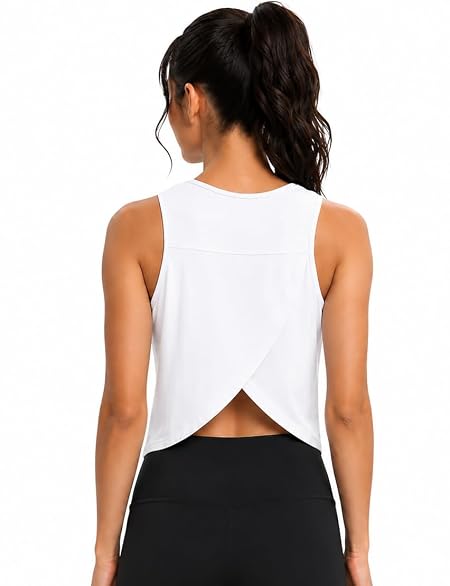 KIKWIT Workout Tops for Women Cropped Open Back Sleeveless Tank Tops Athletic Gym Yoga Shirts Loose Fit (in, Alpha, S, Regular, White)