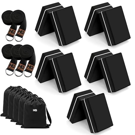 HOMEGALLEY Yoga Blocks Set of 10 for Exercise High Density EVA Foam Bricks with 5 Carry Bags & Yoga Strap Stability Balance Support for Yoga, Pilates, Home Workout & Stretching Accessories Black