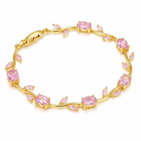 Okos Gold Plated Tulip Pink Stone Bracelet for Women & Girls | Elegant Floral Link Bracelet | Lightweight Adjustable Bracelet for Daily Wear, Party & Gifting BR1000084GLD