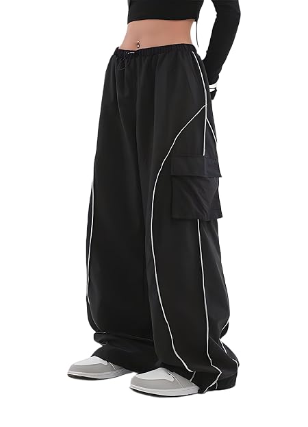 1stLov Parachute Pants for Women | Korean Baggy Cargo Trousers | High Waist Wide Leg Loose Fit Trouser with Pockets | Trendy Pants for College, Travel & Everyday Casual Wear