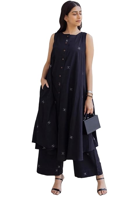 ANNI DESIGNER Women's Rayon Viscose A-Line Printed Kurta with Palazzo (Rawana Black_4XL_Black_XXXX-Large)
