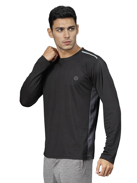 CHKOKKO Men's Solid Quick Dry Full Sleeve Regular Fit Round Crew Neck Active Sportswear Gym T-Shirt for Workout Training Running and Fitness Activities Black L