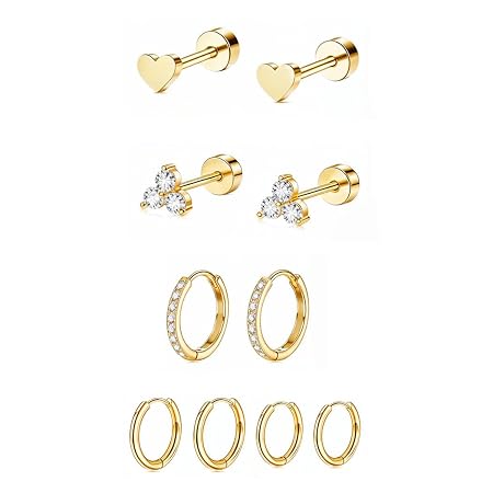 SANNIDHI® 5 Pairs Earrings Set for Women Girls Stylish Hypoallergenic Surgical Gold Flat Back Stud Earring Hoop Earrings Stainless Steel Cartilage Earrings Gifts Earring Combo for Multiple Piercing