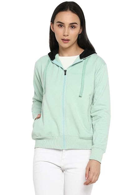 Alan Jones Clothing Women's Solid Zipper Hooded Sweatshirt | Front Zip, Ribbed Hem, Lined Hood, Casual Winter Wear (Pista_L)