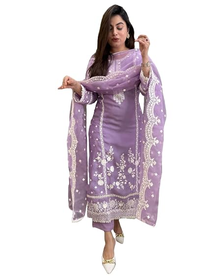 GoSriKi Women's Rayon Blend Straight Embroidered Kurta with Pant & Dupatta (Rosewood Purple-GS_XL_Purple_X-Large)