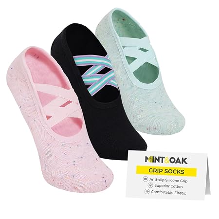 Mint & Oak Double Criss Low Cut Ankle Length Yoga Grip Socks For Women (Set Of 3) | Pilates & Yoga Socks With Grips | Non-Slip Yoga, Pilates & Gym Workouts Socks | Stylish & Versatile Women Socks