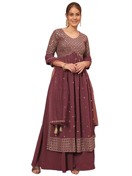 SHOPPING QUEEN Women's Georgette Embroidered Kurta and Palazzo Set (A600_Mauve Pink_XL)