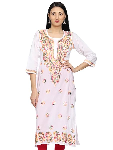 Ada Hand Embroidered Chikankari White Cotton Kurta for Women A207576 (XS)