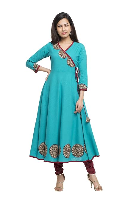 Yash Gallery Women's Cotton Slub Patch Work Angrakha Kurta for Women (315YK251TEAL_Teal Blue_XXXX-Large)