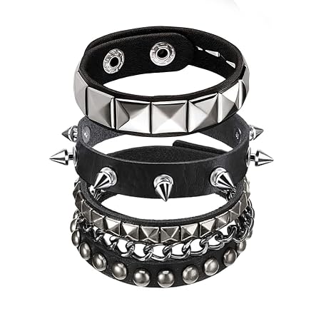 GUSTAVE® 3Pcs Bracelet for Man Punk Rock Studded Bracelets Black Spiked Leather Cuff Bracelet for Men Women Adjustable Goth Bracelets 80s Retro Style Wristband Halloween Party Accessories