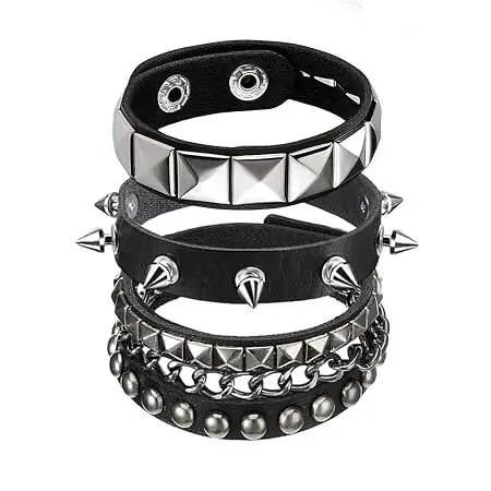 3Pcs Bracelet for Man Punk Rock Studded Bracelets Black Spiked Leather - Jados Fashion
