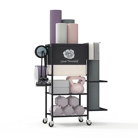 Yoga Mat Storage Rack,Home Gym Storage Rack Gym Workout Equipment Storage Organizer Fitness Weight Rack on Wheels for Yoga Mat,Yoga Block,Foam Roller,Resistance Band,Dumbbell,Kettlebell and Other Workout Accessories (Black)