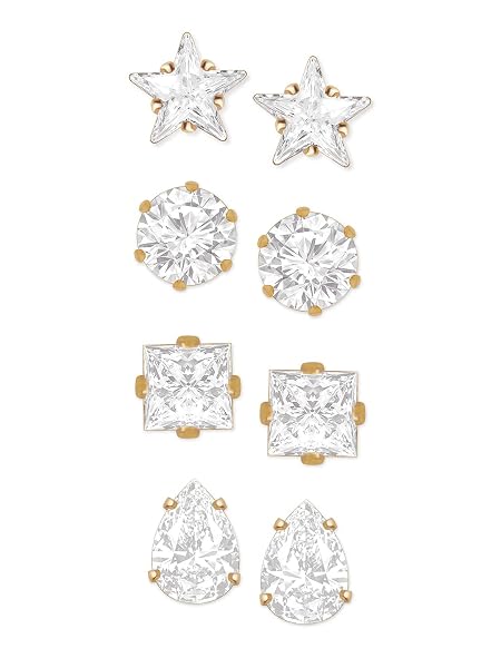 Gold Tone Set of 4 Contemporary Cubic Zirconia Brass Stud Earrings For
