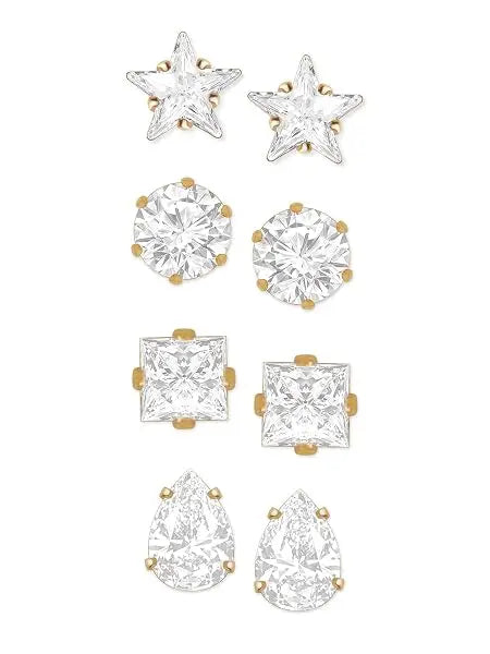 Gold Tone Set of 4 Contemporary Cubic Zirconia Brass Stud Earrings For - Jados Fashion
