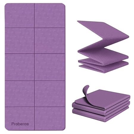 Proberos® Portable Folding Yoga Mat with Carry Bag TPE Yoga Mat Anti-slip 5mm Thicken Fitness Yoga Mat for Men Women Pilates Mat for Home Workout, Gym, Travel, 72x24 inches, Purple