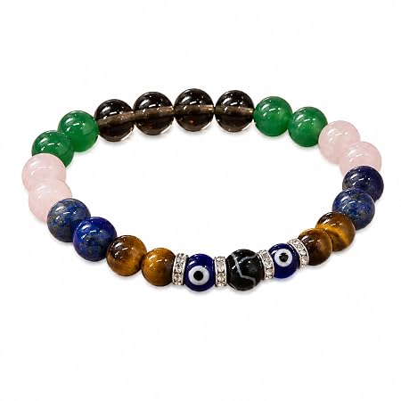 SRI MANDIR Tula (Libra) Rashi Bracelet | Smoky Quartz, Green Aventurine, Rose Quartz, Lapis Lazuli, Tiger’s Eye, Evil Eye | For Balance & Harmony | Stabilizes Decision Making | For Men & Women