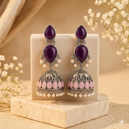 HRB PRODUCTS Oxidised Silver Jhumka Earrings with Purple Stones, Pink Teardrop Accents and Pearl Drops