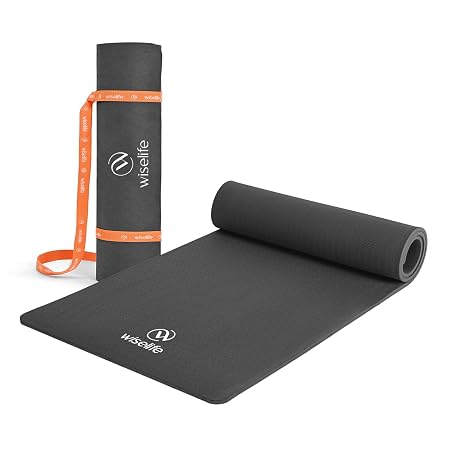 WiseLife Classic Eco-TPE 10 MM Yoga Mat with Yoga Strap for Men & Women | Extra Thick, Long & Wide Non-Slip, Anti-Tear Exercise Mat for Home, Gym, Workout, Fitness, Yoga & Pilates (Black)