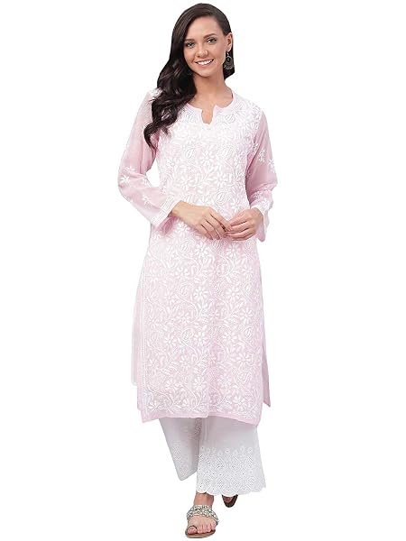 Ada Hand Embroidered Chikankari Pink Georgette Kurta for Women A90410 (4XL)