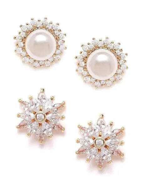 Set of 2 Gold Tone Contemporary Cubic Zirconia Brass Stud Earrings For - Jados Fashion