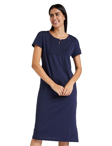 Amazon Brand - Symbol Women's Cotton Calf Length Regular Fit Nighty | Night Dress (Available in Plus Sizes) (SND-05 CONT_Navy_XS)