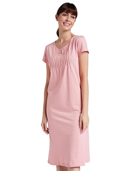 Amazon Brand - Eden & Ivy Women's Cotton Solid Knee Length Nightdress (SS19UTSDR04-GP-02_Pink_X-Large_Pink_XL)